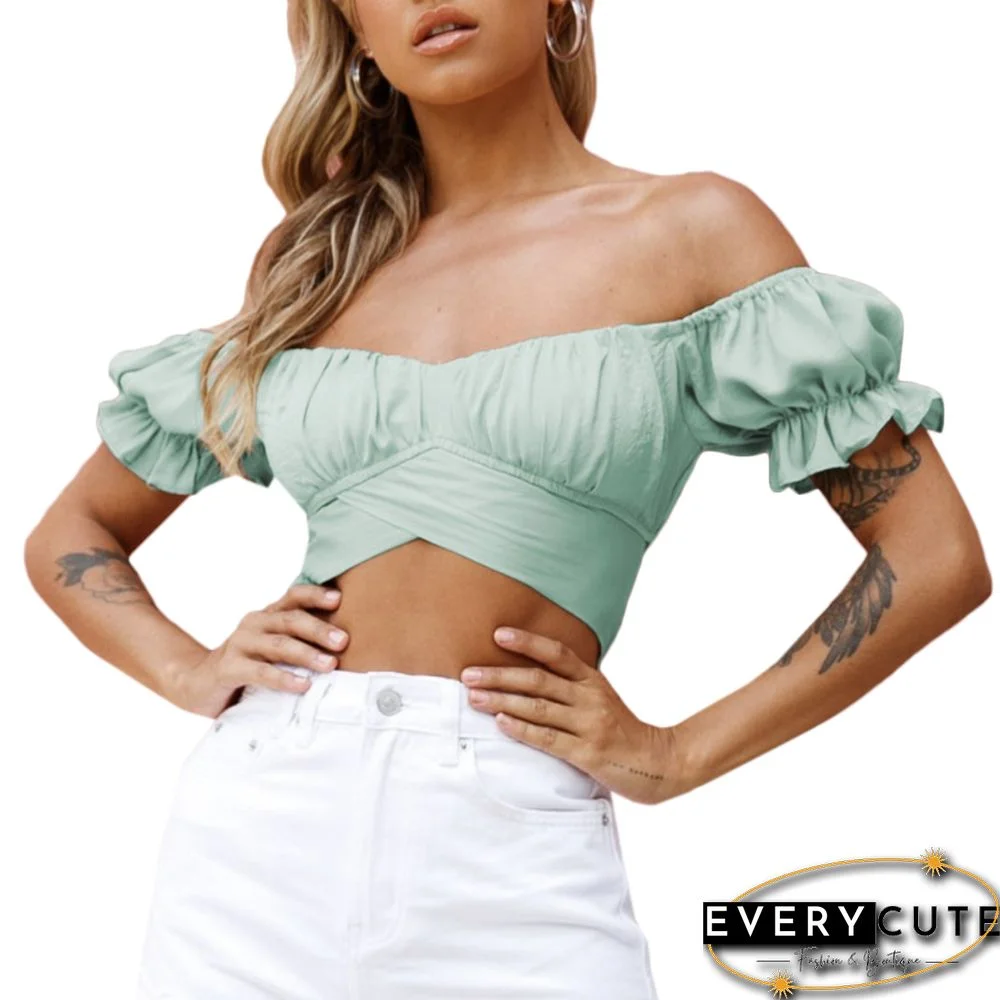 Light Green Off Shoulder Ruffled Crop Tops