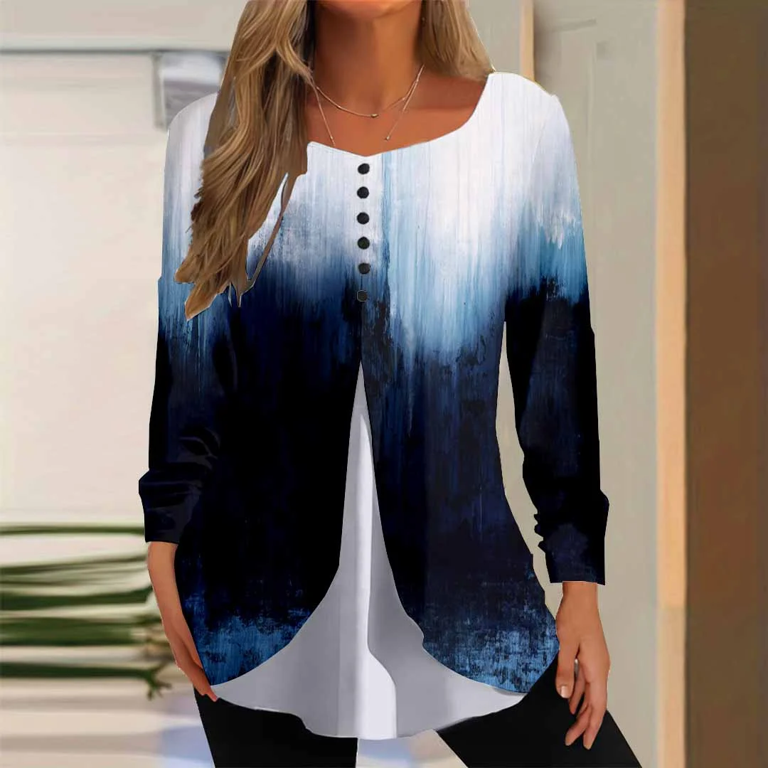 Women Colorblock,Blue DZGG8315 Long Sleeve Scoop Neck Printed Graphic Button Fake 2in1 Tops