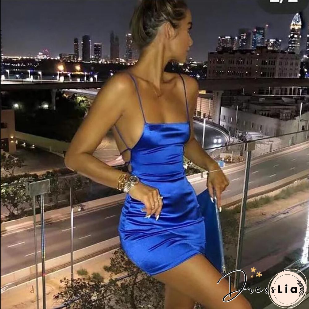 Spaghetti Strap Mini Satin Dress Women Sexy Backless Cross Bandage Bodycon Party Dress Pleated Stretch Short Suit Club Dress