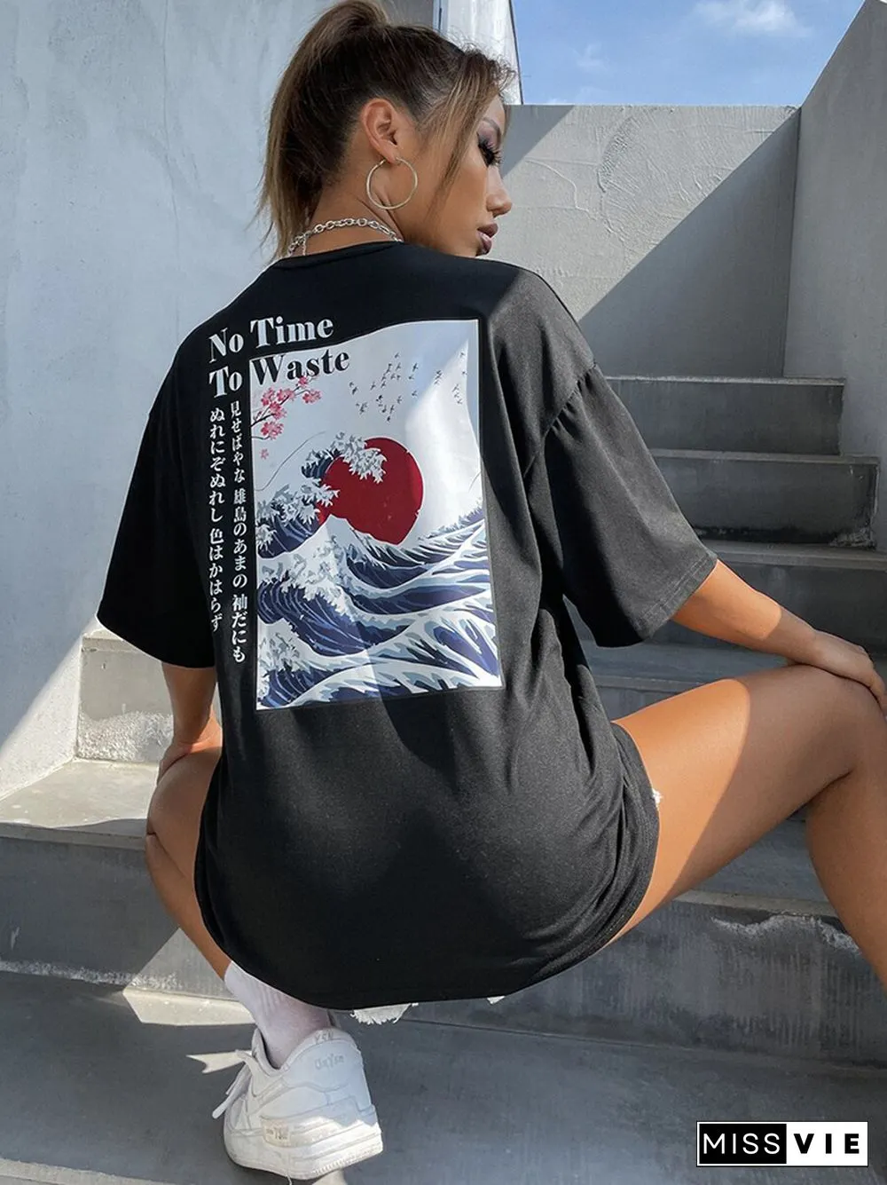 Japanese Graphic FallingShoulders Street T-Shirt Women All-Match Cotton Summer Tops