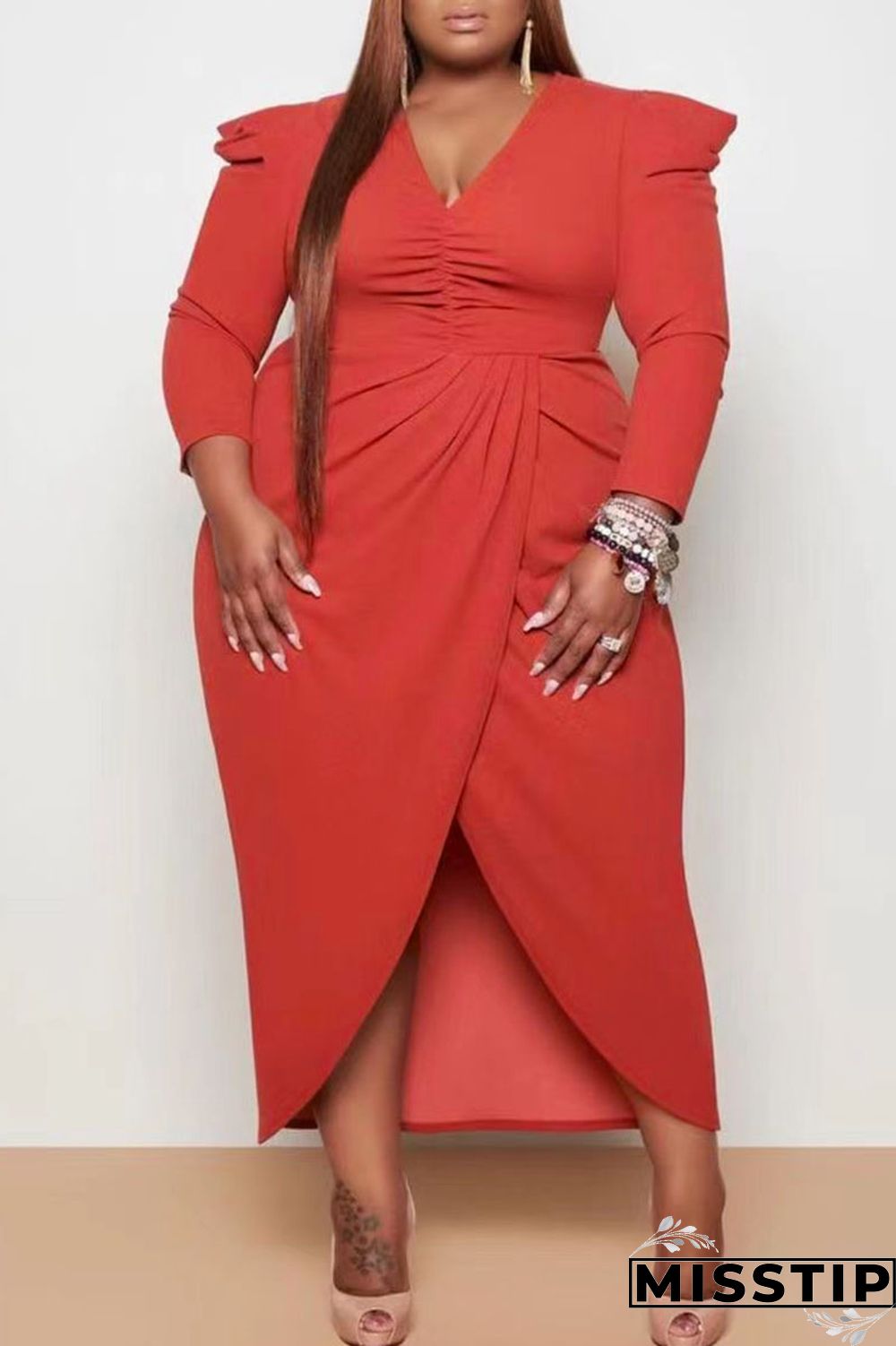 Black Casual Solid Patchwork Fold Asymmetrical V Neck Princess Plus Size Dresses