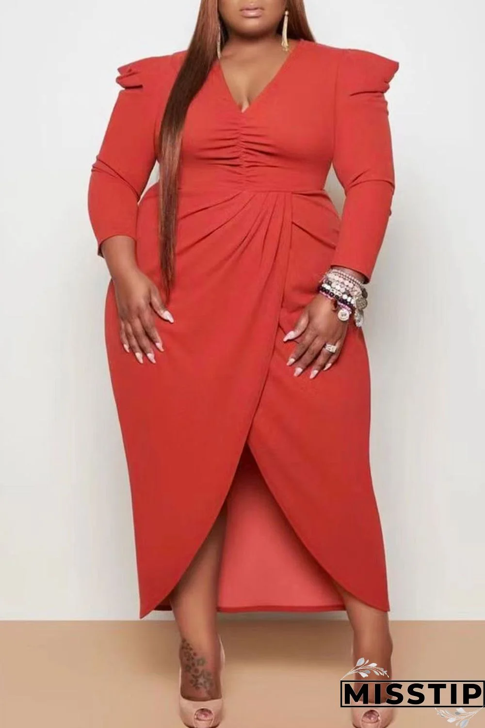 Black Casual Solid Patchwork Fold Asymmetrical V Neck Princess Plus Size Dresses