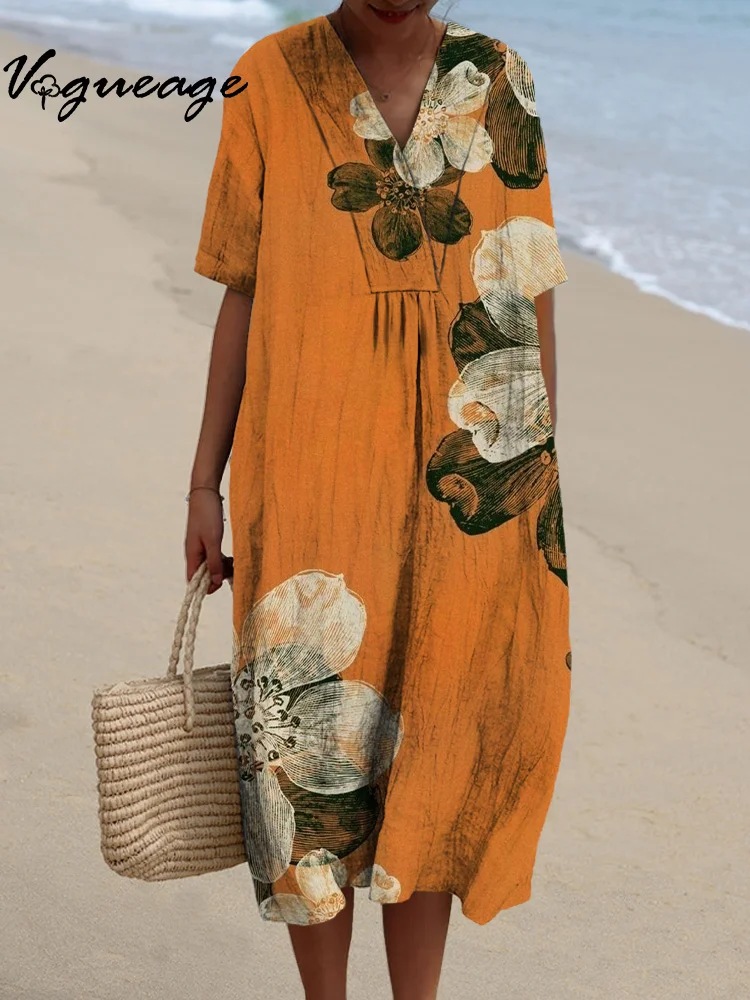 Simple Generous And Gentle Flowers Printed Women's Casual Cotton And Linen Dress