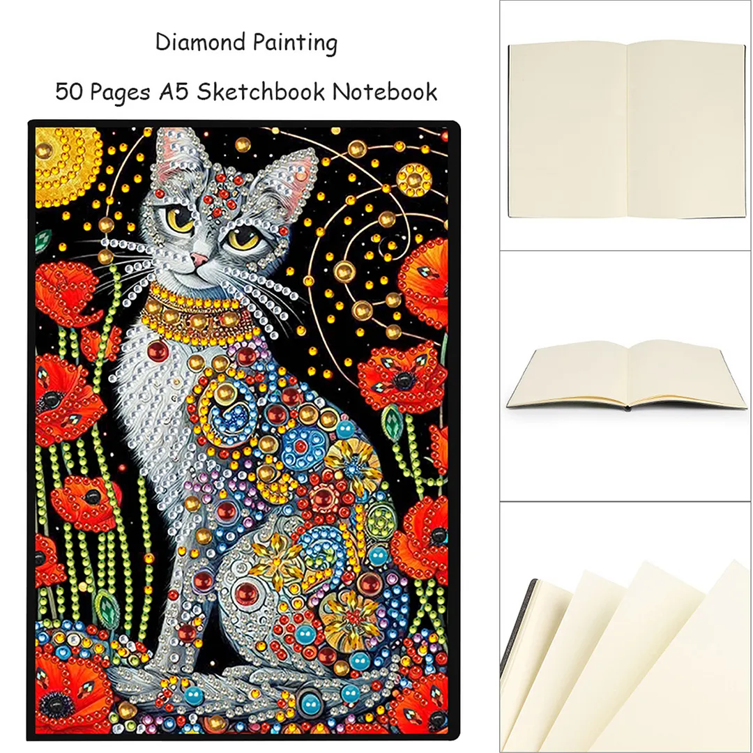 DIY Flower Diamond Painting Journals Notebooks 50 Pages A5 No Lines Special Shaped Diamond Art Kits for Beginners Craft Lovers and Artists (Cat and Flower)