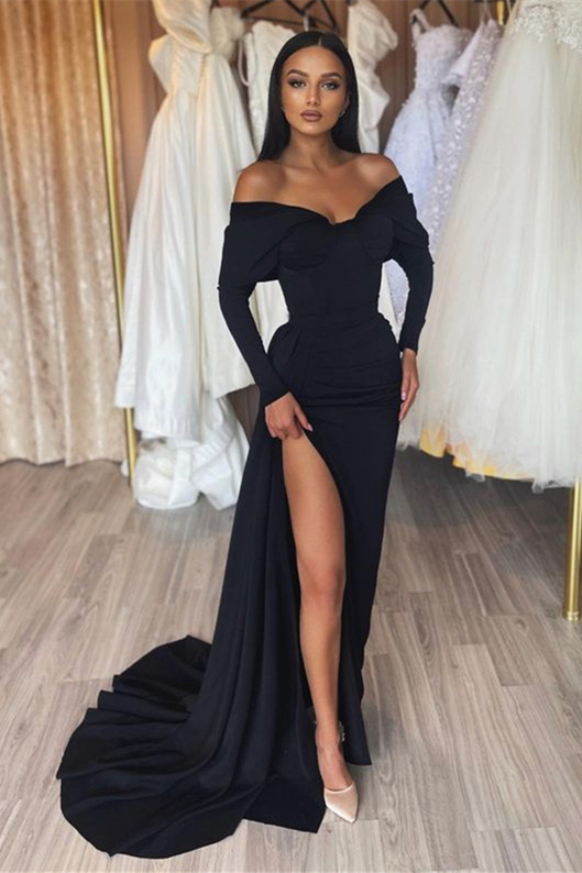 Bellasprom Off-the-Shoulder Black Prom Dresses Mermaid Long Sleeves With Slit Bellasprom