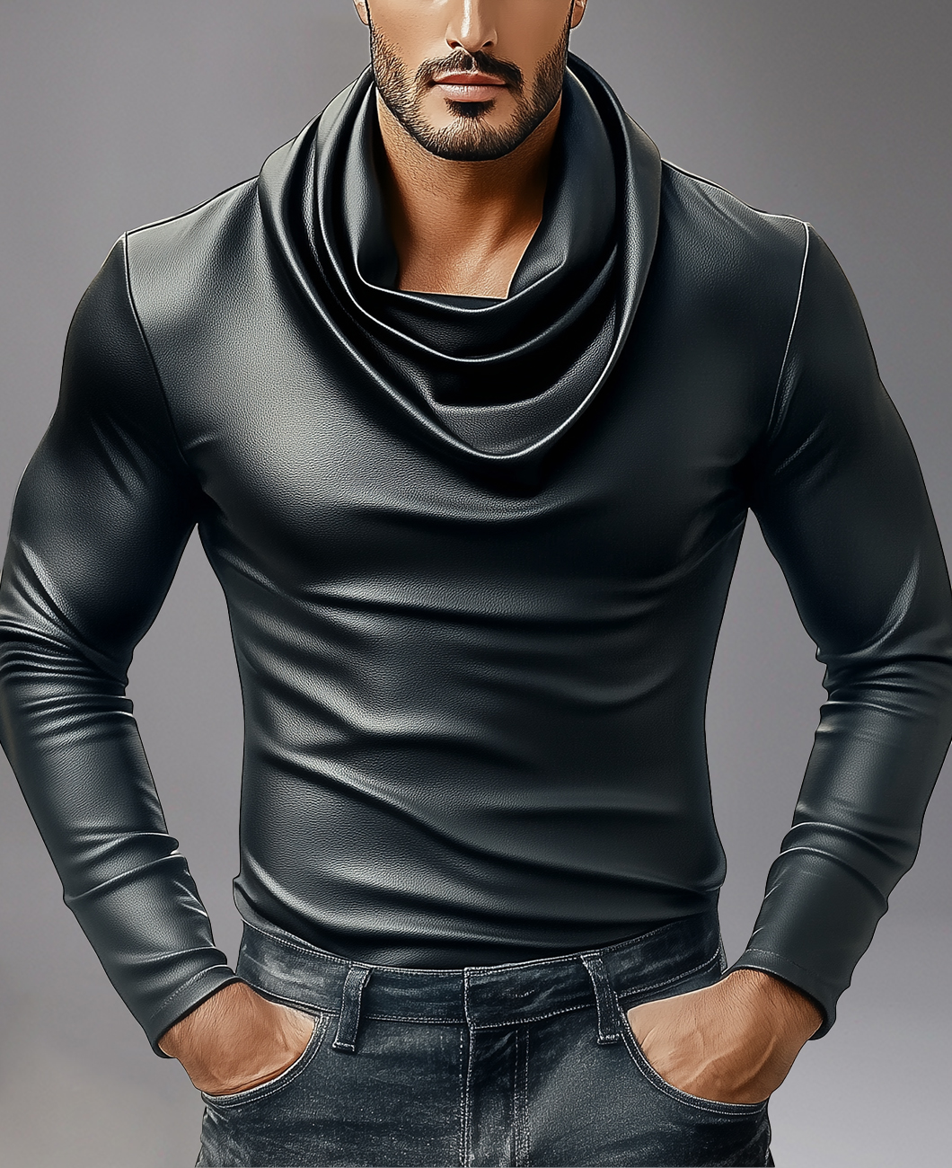 Okaywear Casual Cowl Neck Long Sleeve PU Leather T-shirt