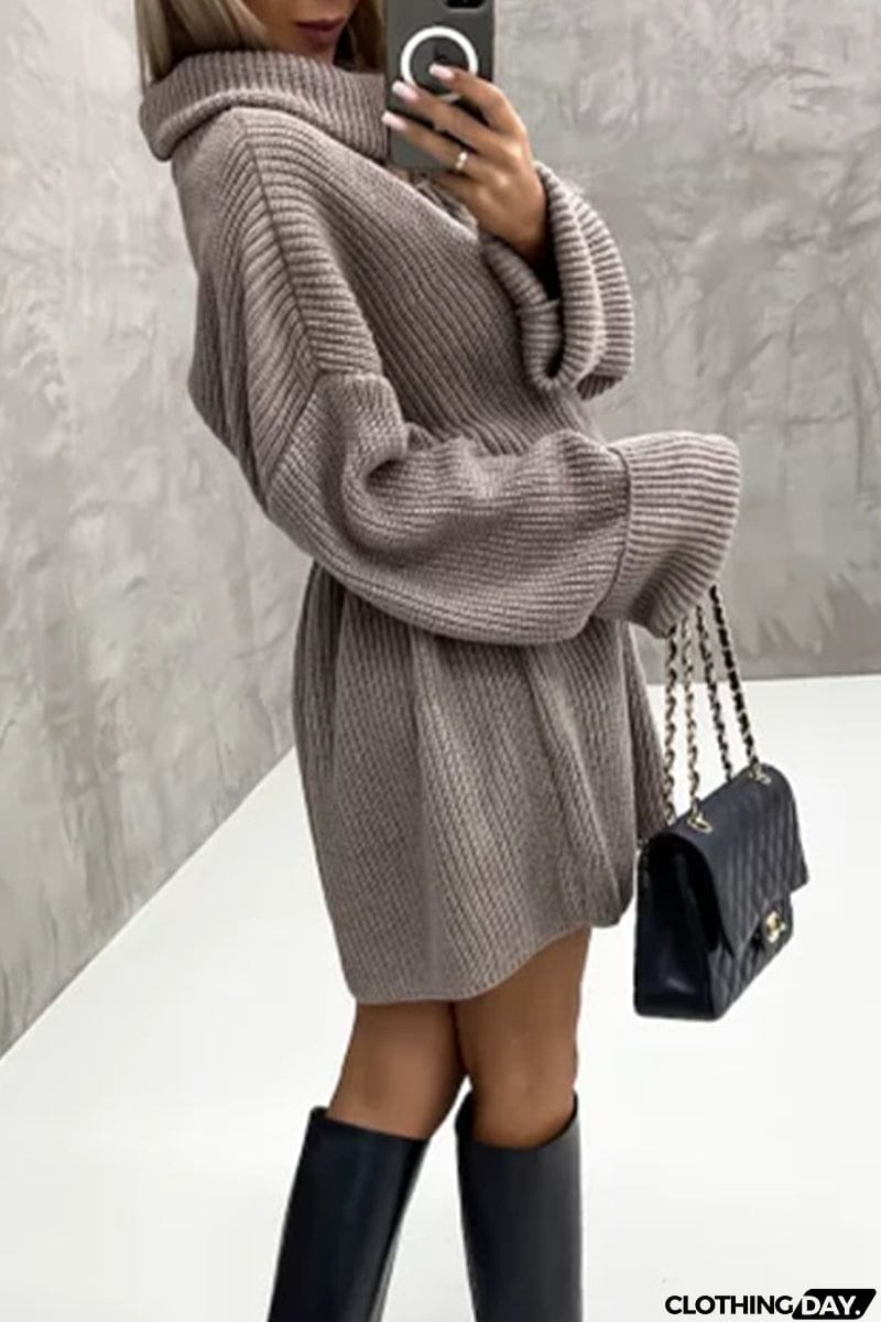 Elegant Solid Patchwork Turtleneck One Step Skirt Dresses