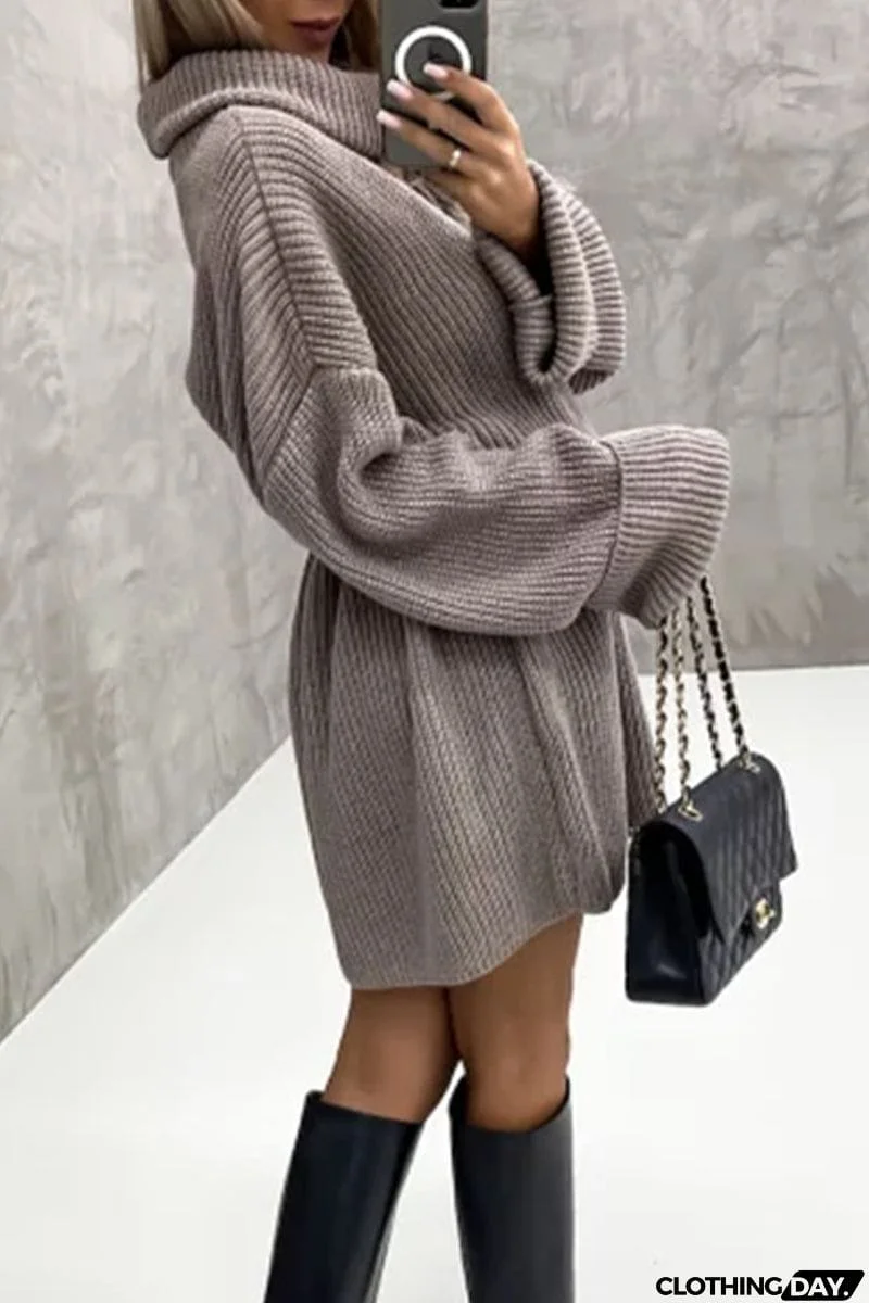 Elegant Solid Patchwork Turtleneck One Step Skirt Dresses