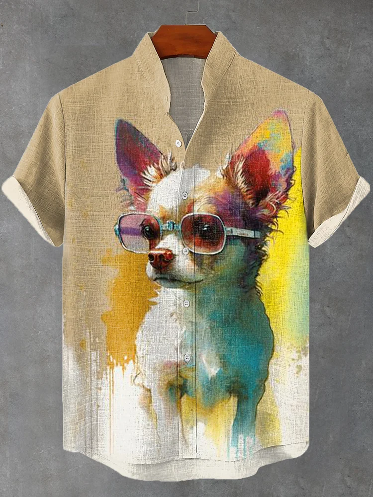 Men's Fun Sunglasses Chihuahua Splash Ink Art Print Linen Blend Shirt