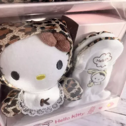 Pornhint Unused Hello Kitty Baby Leopard Plush toy Booties Mittens Set 2001 Vintage a Toy