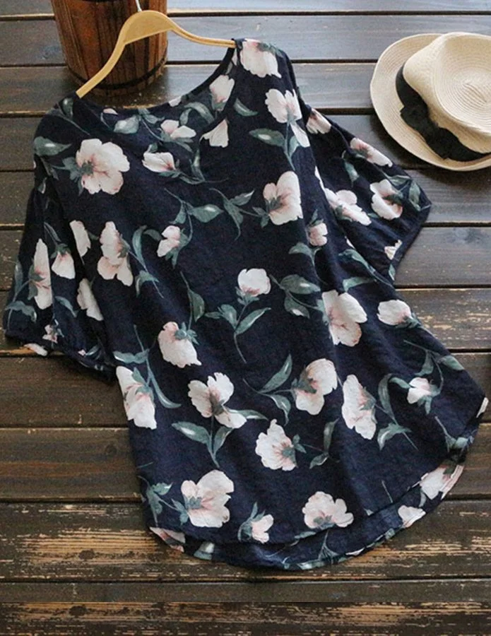 Women's Cotton Linen Printed V-neck Short Sleeve T-shirt
