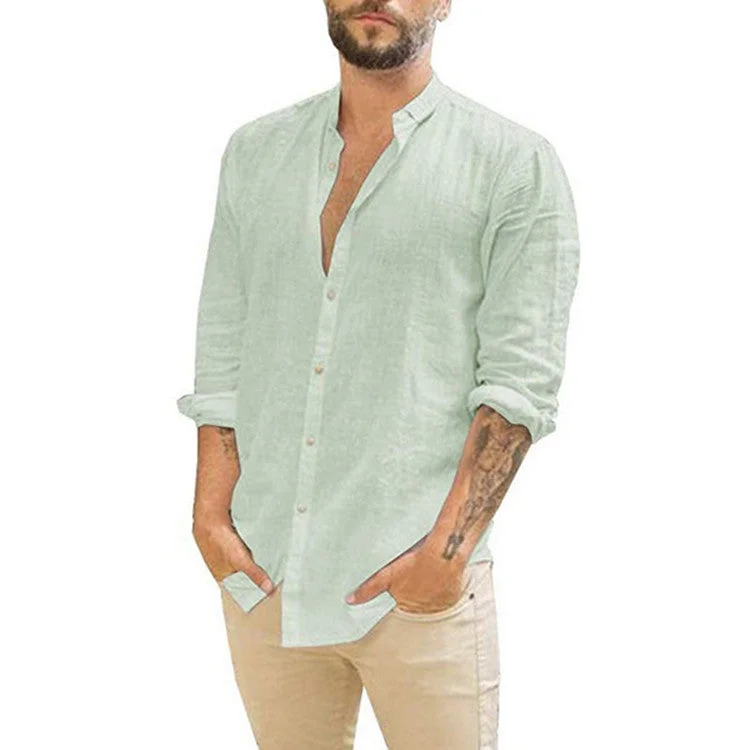 LINEN CARDIGAN SOLID COLOR CASUAL STAND COLLAR LONG SLEEVE ONE BREASTED SHIRT
