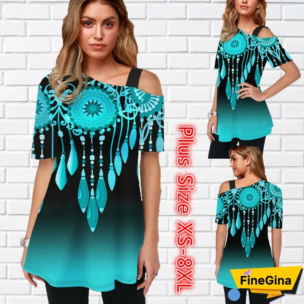 Womens Tops Femme Blouse Tribal Print Short Sleeve Gradient T Shirt Plus Size XS-8XL