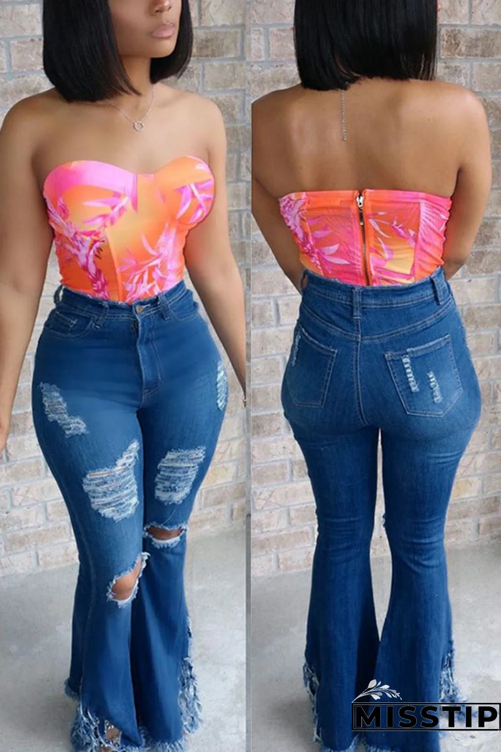 Dark Blue Denim Zipper Fly Mid Solid Tassel Hole Boot Cut Pants Bottoms