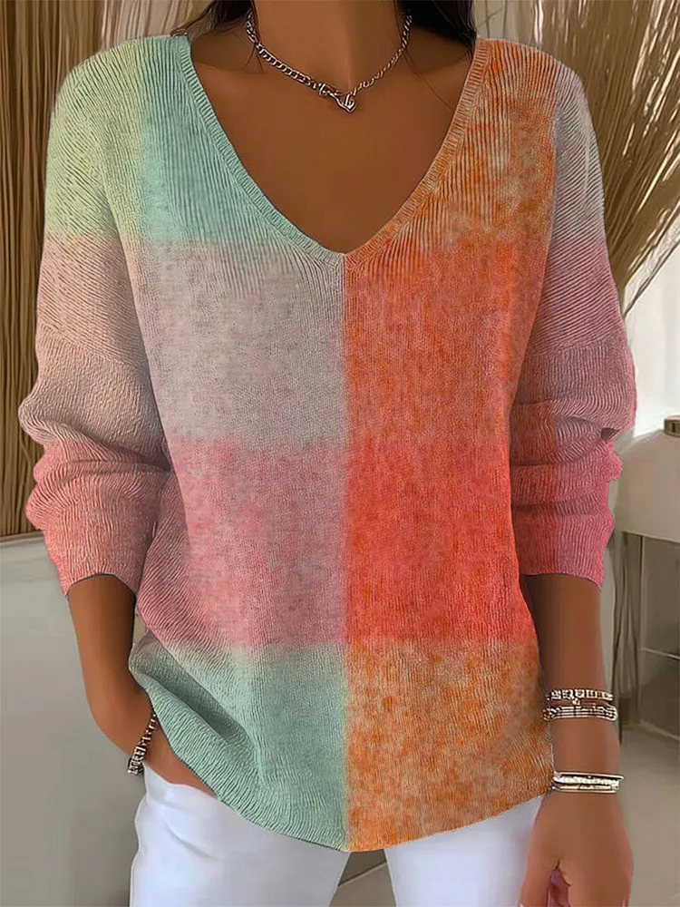 Women's Vintage Gradient Plaid Art Print Casual Pullover Sweater