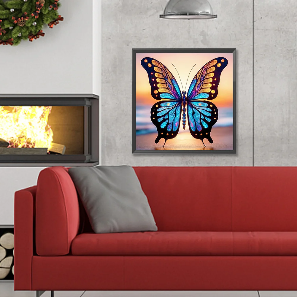 Full Round Diamond Painting 30*30cm - Glass Butterfly On The Seaside