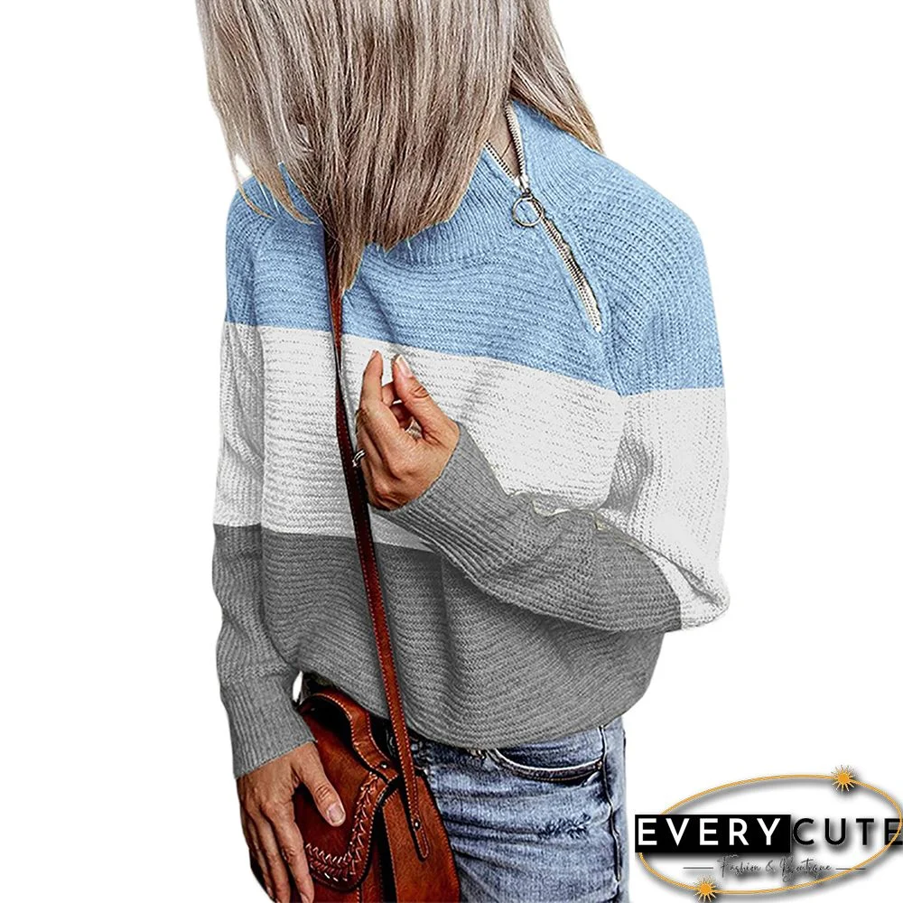 Light Blue ColorBlock Side Zipper High Neck Pullover Sweater