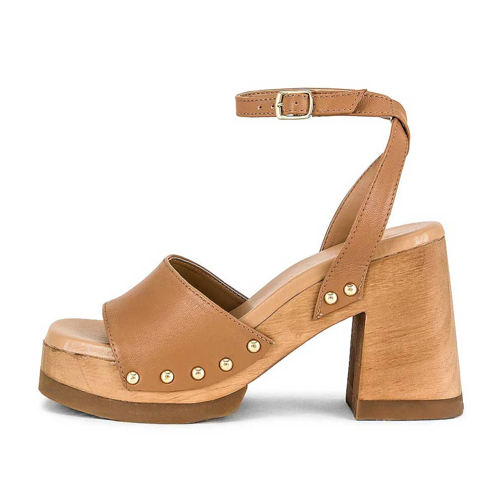 Tan Studded Chunky Heel Platform Sandals with Buckle Ankle Strap