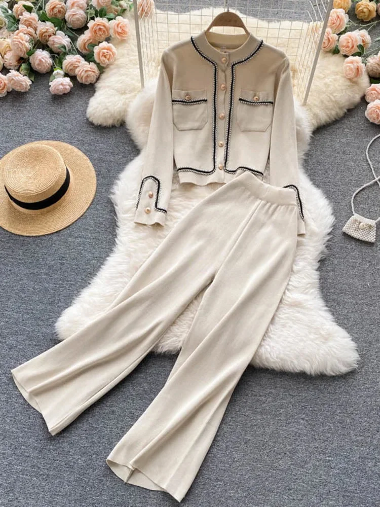 Huiketi Autumn Korean Fashion Casual Knit Two Piece Set Women Sweater Cardigan Crop Top + Wide Leg Pant Suits Tracksuit 2 Piece Sets