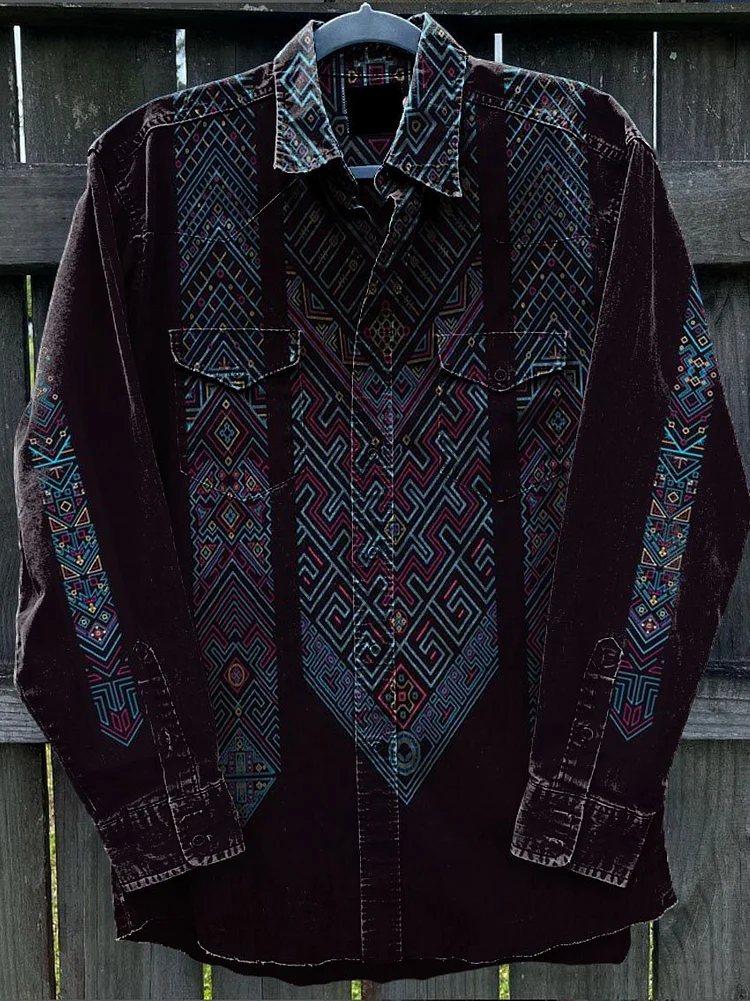 Men's Cowboy Bohemian Style Vintage Stripe Print Casual Shirt