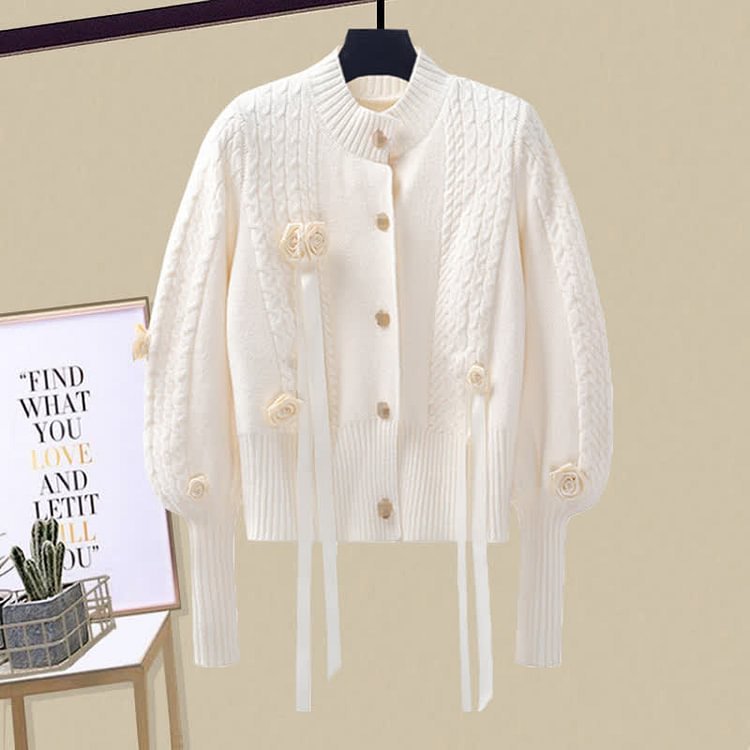 3D Blossom Decor Cardigan Sweater Flouncing Slip Dress Two Pieces Set - Modakawa modakawa