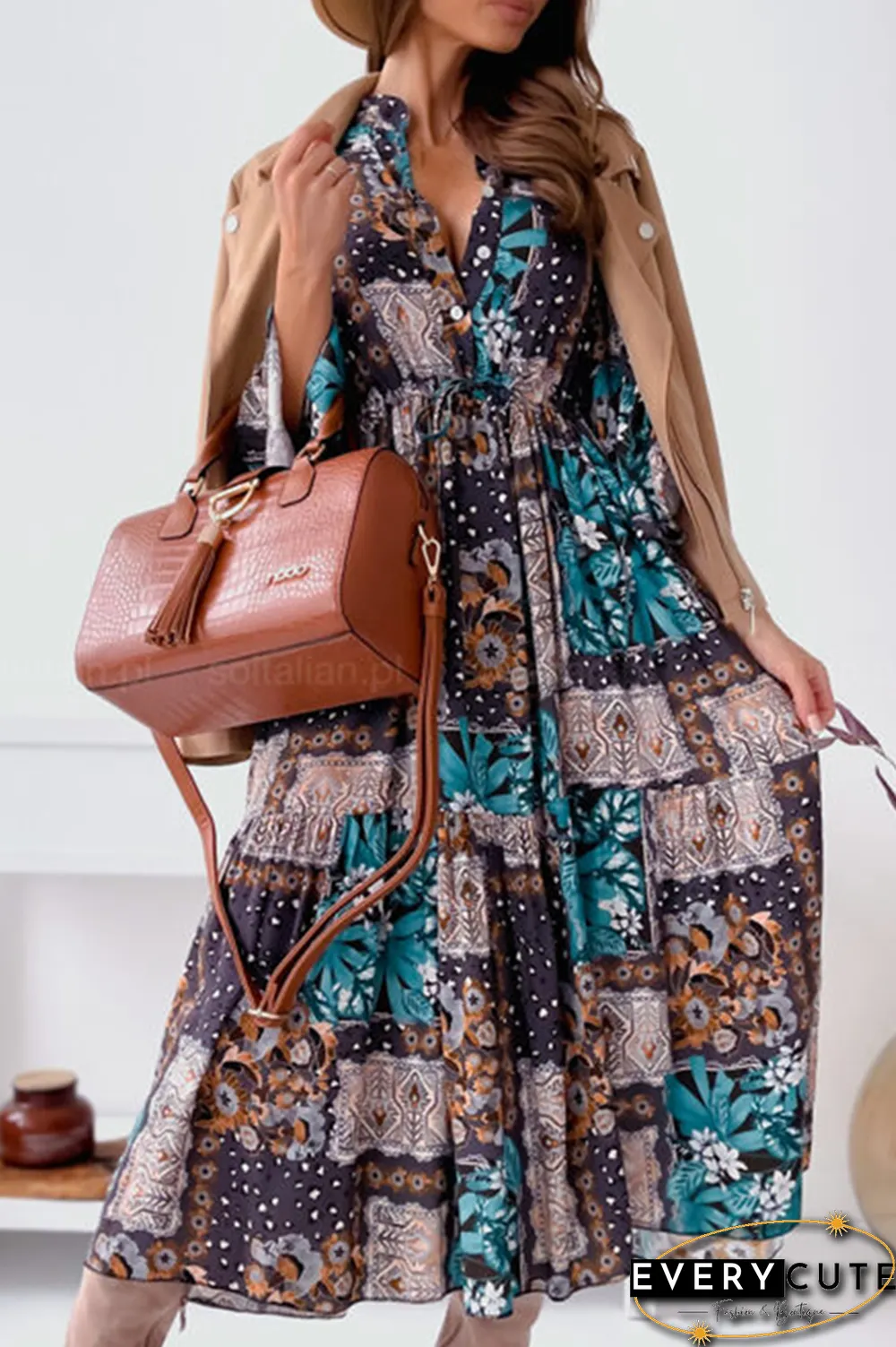 Elegant Print Buckle Flounce Mandarin Collar Dresses