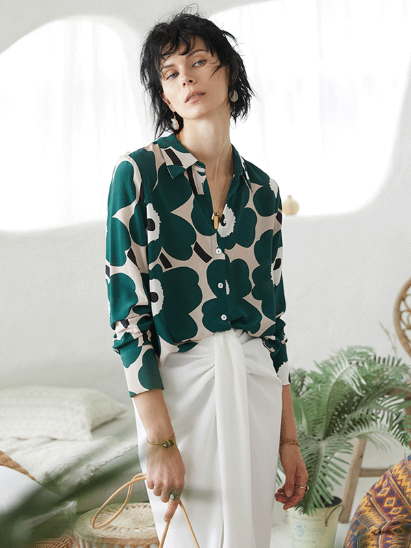 Green Daisy Flora Printed Silk Shirt