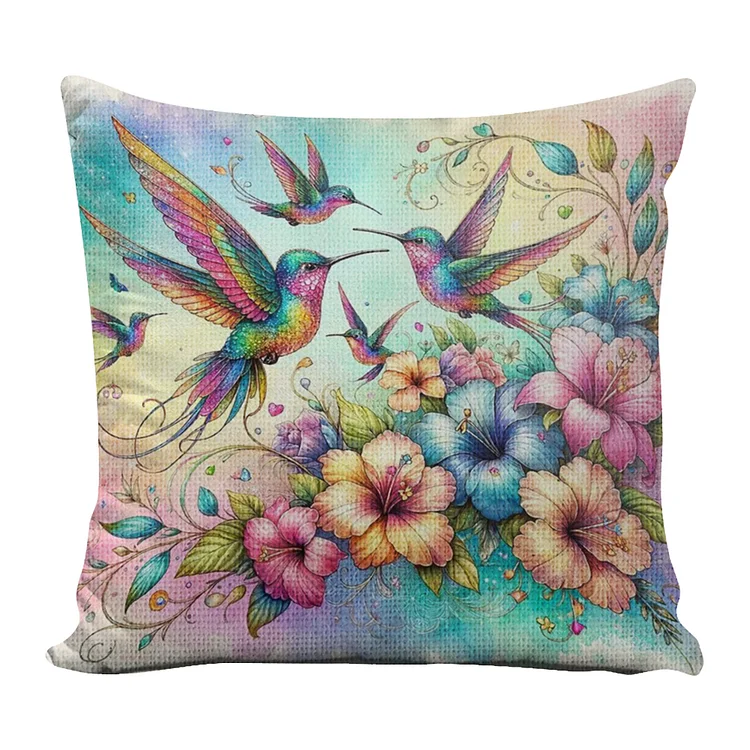 11CT Cotton Hummingbird Flower Cross Stitch Pillowcase Embroidery Kit 45x45cm gbfke