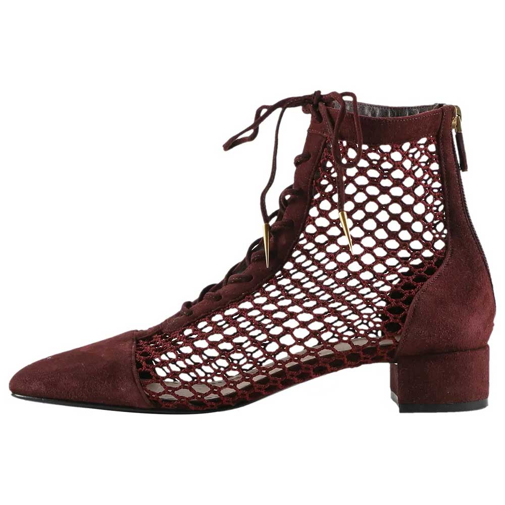 Maroon Mesh Lace-Up Square Toe Zipper Ankle Boots with Chunky Heel Nicepairs