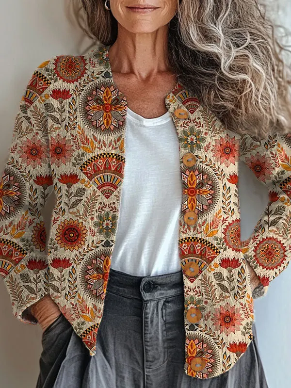 Vintage Flower Art Print Buttoned Cardigan Sweater