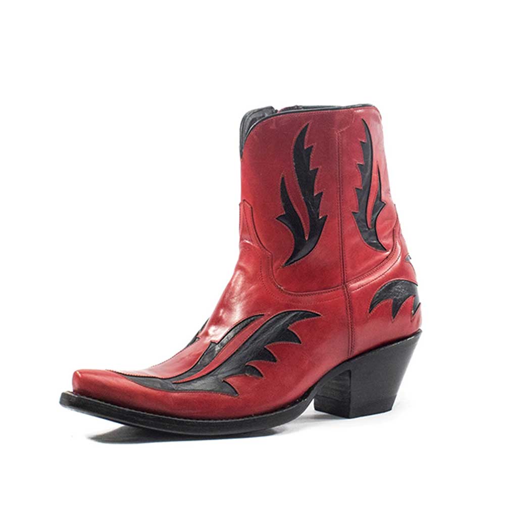 Snip Toe Chunky Heel Flame Pattern Inlay Cowgirl Boots in Red Nicepairs
