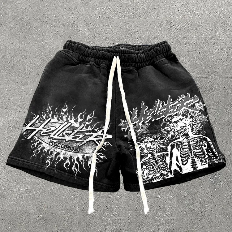 Vintage Hellstar Flaming Skull Graphics Drawstring Pocket Shorts SOPULA