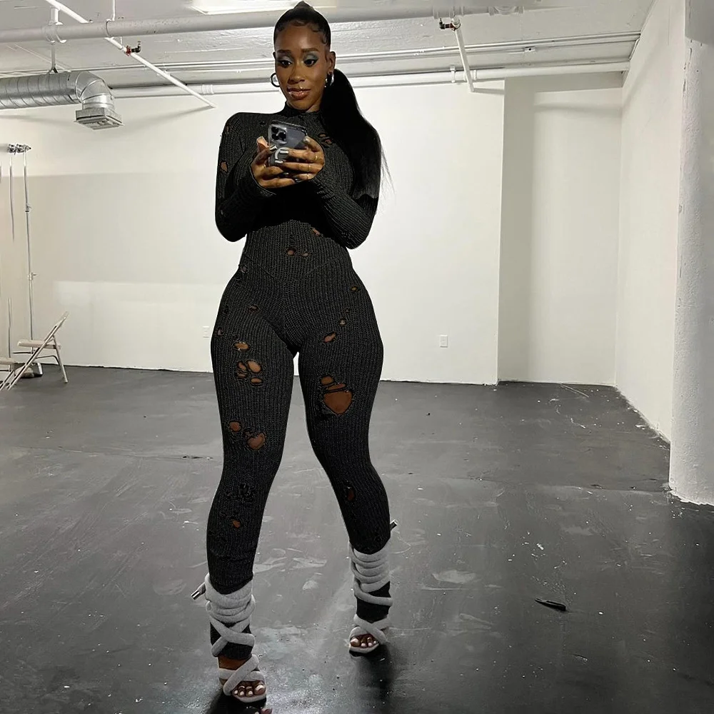 Uveng Uveng Women's Clothing 2023 Autumn And Winter 2023 New Fashion Hole Long Sleeves Strap With Wool Long Jumpsuit