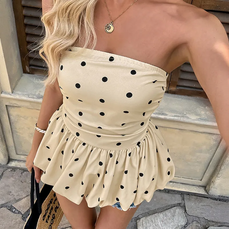 Polka Dot Strapless Peplum Top Casual Tube Top