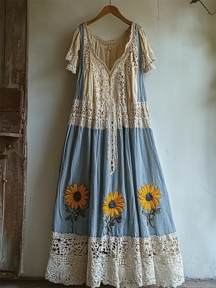 Utbros Boho Sunflowers Embroidered Lace Patchwork Linen Maxi Dress