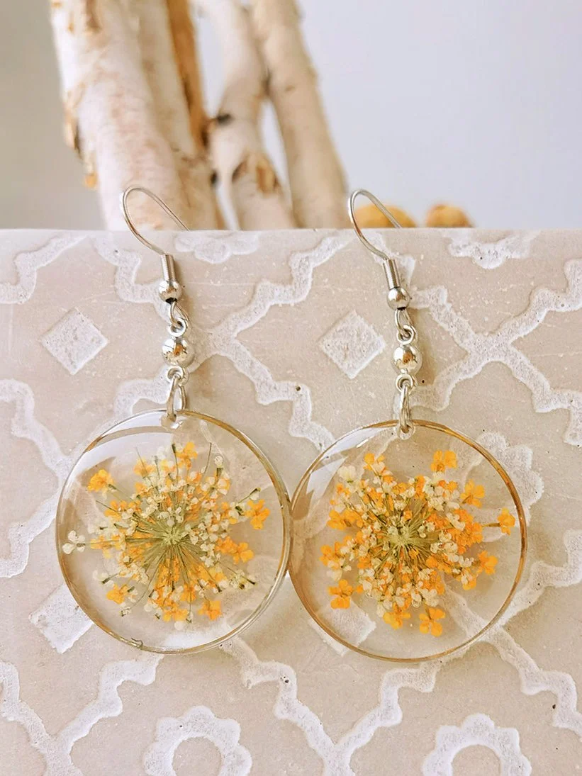 Forget Me Not Queen Anne Lace Resin Pressed Flower Earrings