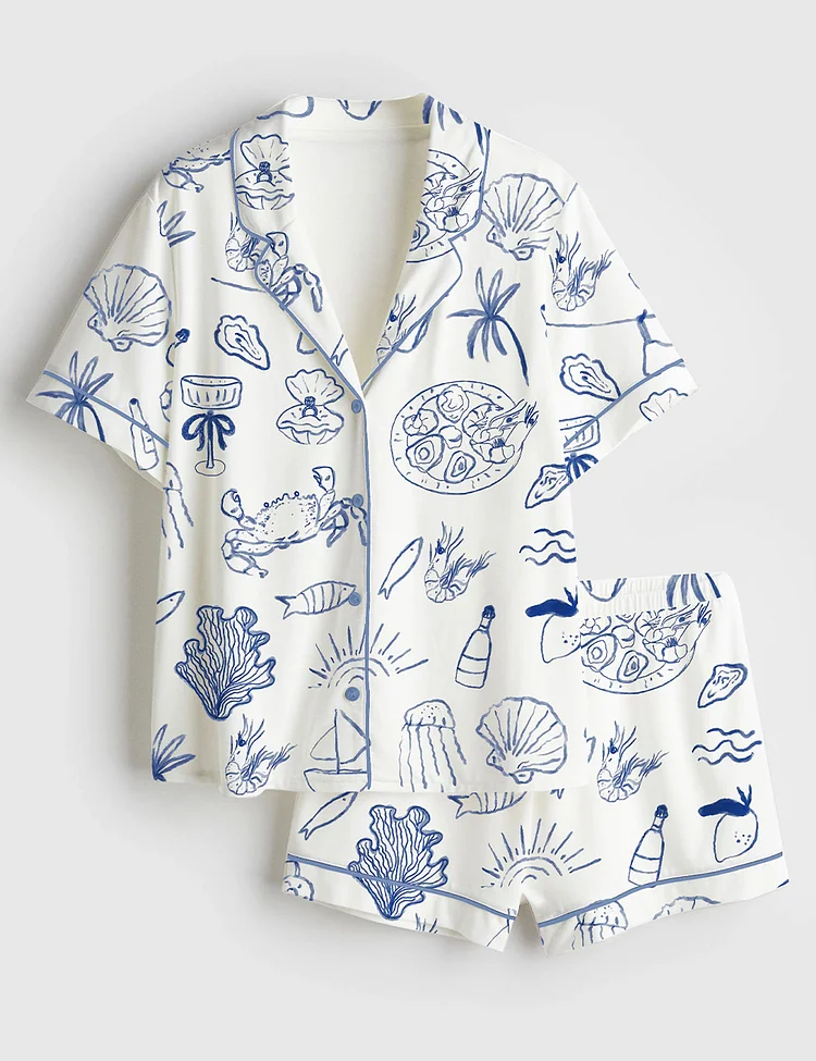 Women&rsquo;s Hand Drawn Coastal Icon Summer Line Art Dolce Vita Amalfi Coast Print Short Sleeve Satin Pajama Set