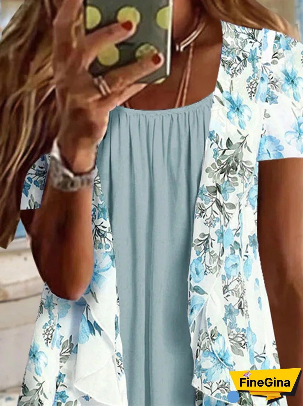 Women Short Sleeve U-neck Floral Printed Top