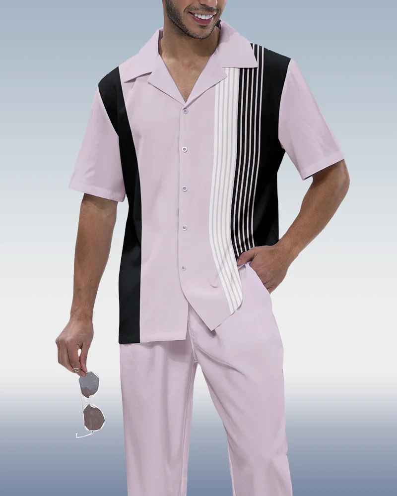 Suitmens Men's 2-piece short-sleeve suit with vertical stripes 001