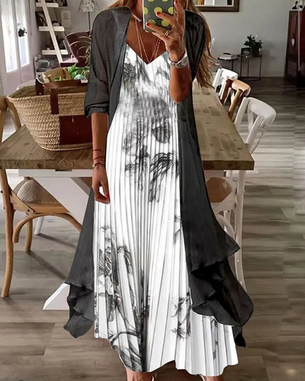 Fake Two Piece Half Sleeve Print Casual Retro Sexy Dress