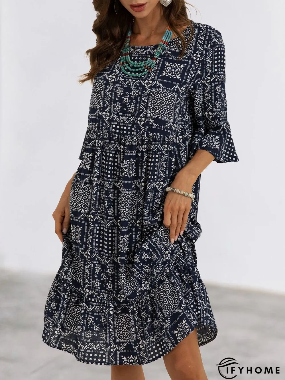 Purplish Blue Printed Shift Half Sleeve Holiday Mini Dress | IFYHOME