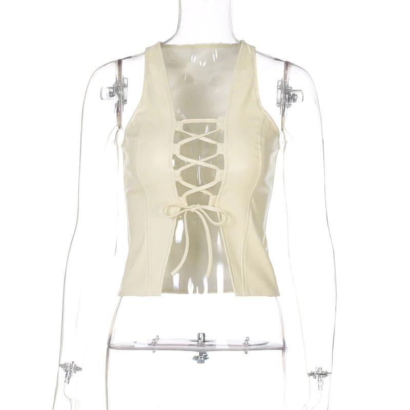 Zingj 2000s Streetwear Sexy Lace-Up PU Leather Vests Vintage Fashion V-neck Hollow Out Slit Sleeveless Crop Tops Summer Tanks