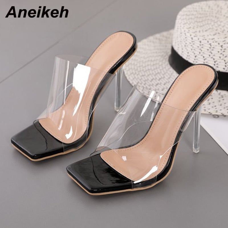 Aneikeh 2021 New Women's Shoes Summer PVC Transparent High Heel Slippers Fashion Slides Party Shallow Square Toe Solid Concise