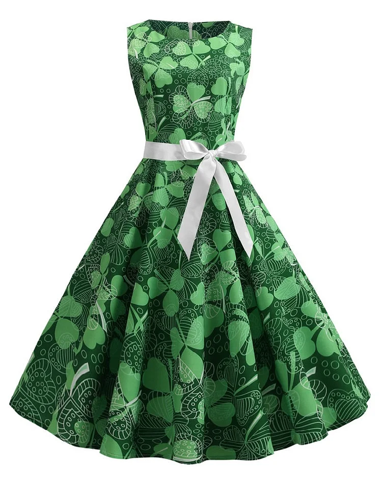St Patricks Day Sleeveless Midi Dress for Womens Festival Clover Outfit-elleschic