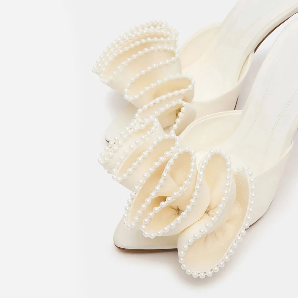 Ivory Satin Pointed Toe Stiletto Heel Ruffle Pearl Mules Shoes