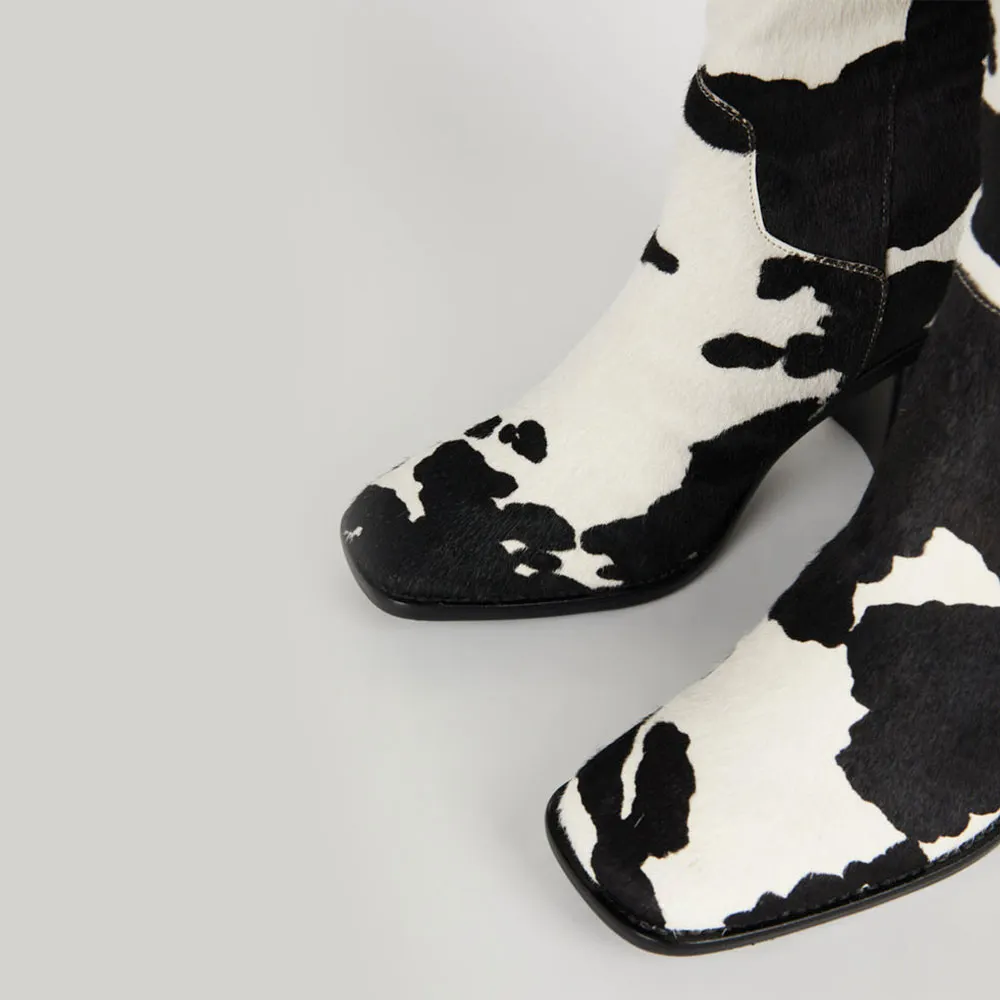 Short Square Toe Block Heel White & Black Fashion Boots for Women