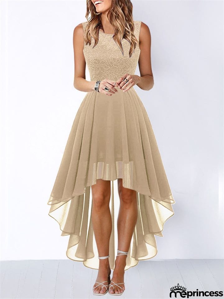 Women's Lace Splicing Round Neck Backless Chiffon Elegant Dress