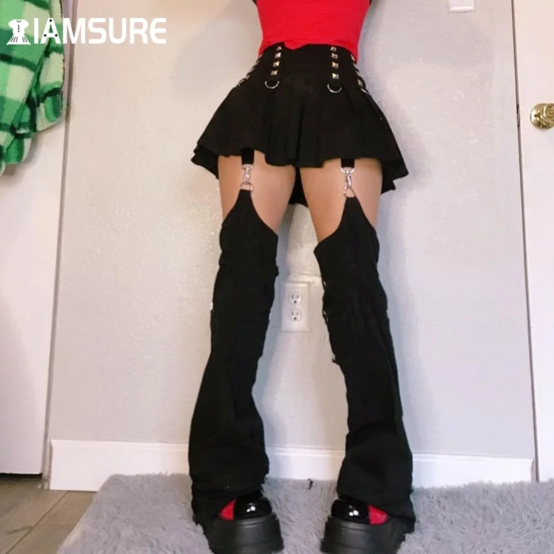 Graduation Gifts  Dark Pleated Skirts With Trouser Legs Gothic Solid High Waisted A-Line Mini Skirts Preppy Style Cool Streetwear Fashion