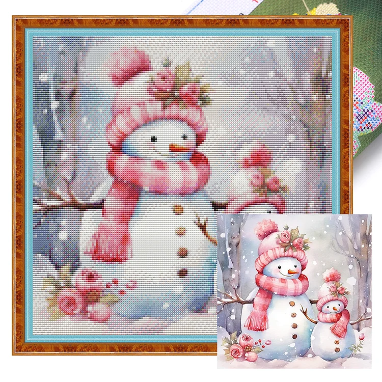 『HuaCan』Pink Snowman - 11CT Stamped Cross Stitch(40*40cm)