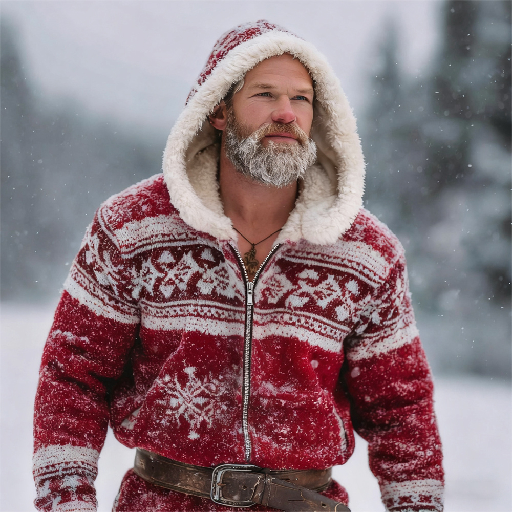 Christmas Snowflake Pattern Men's Hooded Zip-up Icelandic Sweater elevenforest